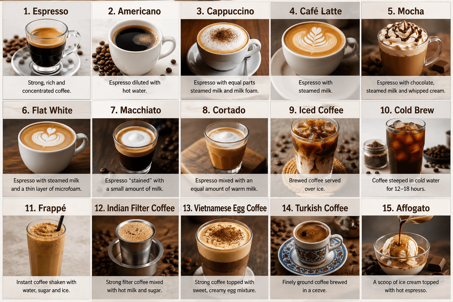 ☕ The Ultimate Coffee Guide: 15 Types of Coffee and How to Make Them at Home
